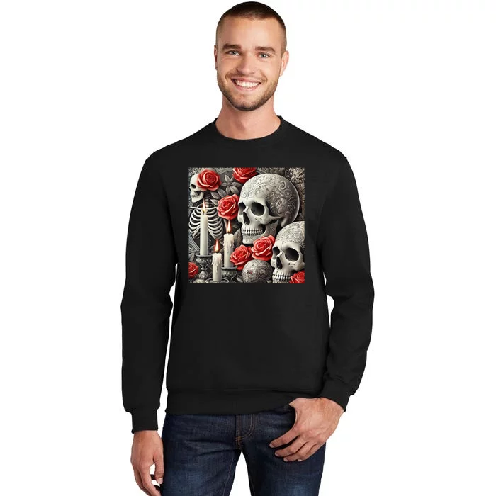 Skulls Roses And Candles Halloween Thrills Spooky Scary Tall Sweatshirt