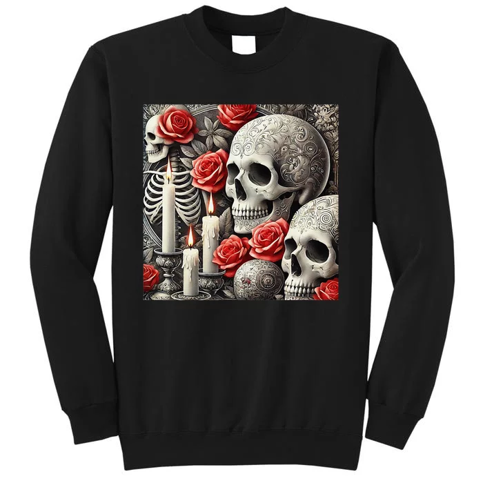 Skulls Roses And Candles Halloween Thrills Spooky Scary Tall Sweatshirt