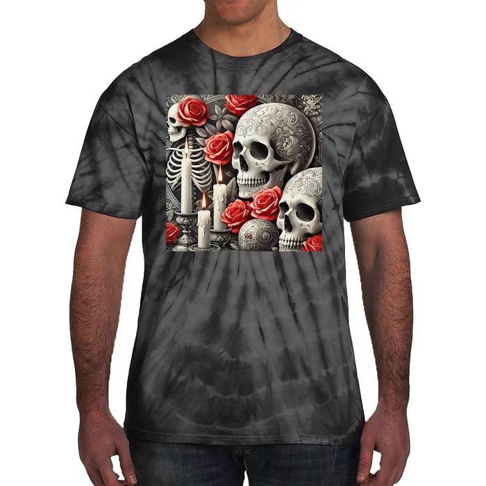 Skulls Roses And Candles Halloween Thrills Spooky Scary Tie-Dye T-Shirt