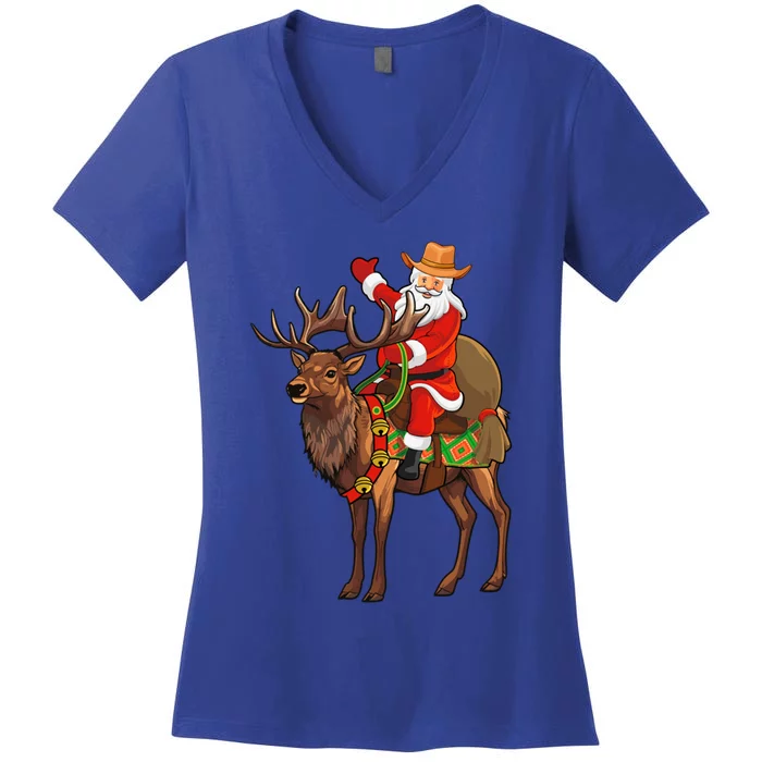 Santa Riding A Reindeer Funny Cow Christmas Gift Women's V-Neck T-Shirt