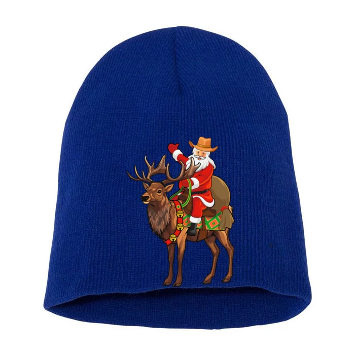 Santa Riding A Reindeer Funny Cow Christmas Gift Short Acrylic Beanie