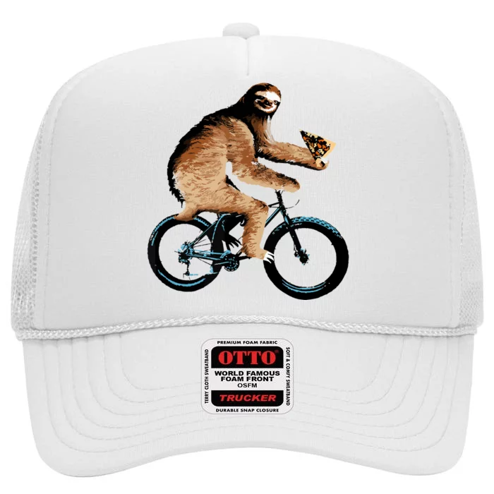 Sloth Riding A Bicycle Eating Pizza Tee, Fatbike High Crown Mesh Trucker Hat