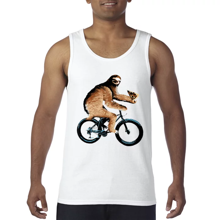 Sloth Riding A Bicycle Eating Pizza Tee, Fatbike Tank Top