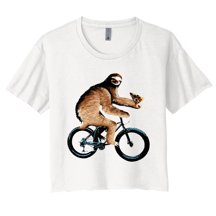 Sloth Riding A Bicycle Eating Pizza Tee, Fatbike Women's Crop Top Tee