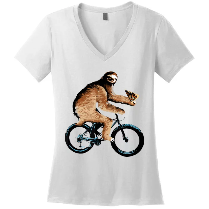 Sloth Riding A Bicycle Eating Pizza Tee, Fatbike Women's V-Neck T-Shirt