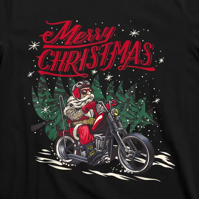 Santa Riding A Motorcycle Christmas Design T-Shirt