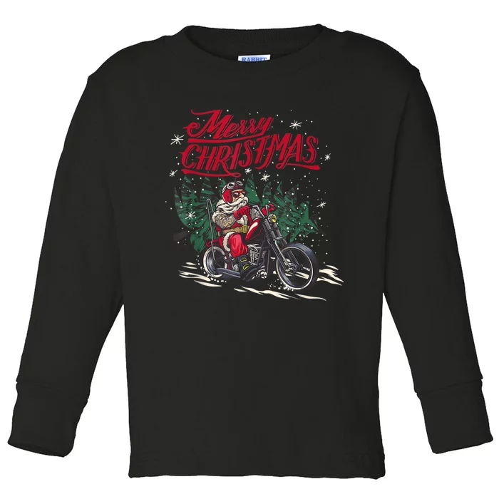 Santa Riding A Motorcycle Christmas Design Toddler Long Sleeve Shirt