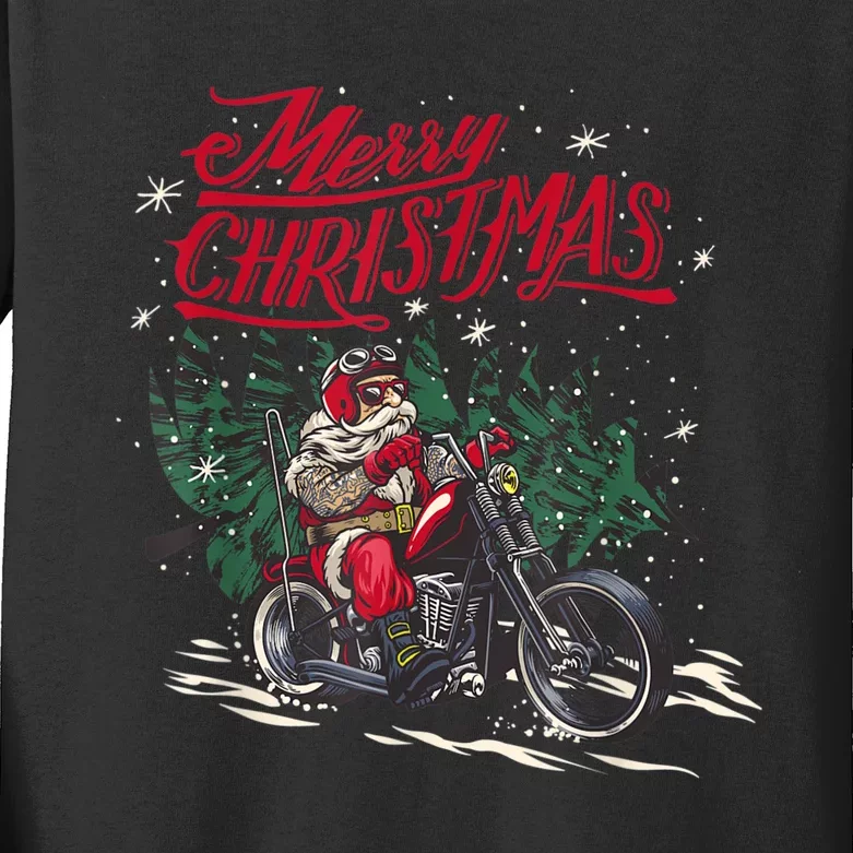 Santa Riding A Motorcycle Christmas Design Kids Long Sleeve Shirt