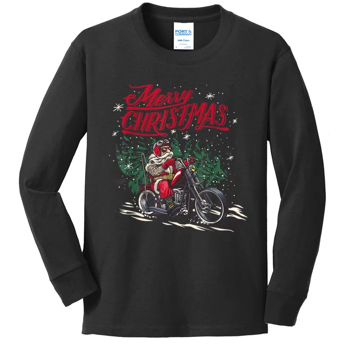 Santa Riding A Motorcycle Christmas Design Kids Long Sleeve Shirt