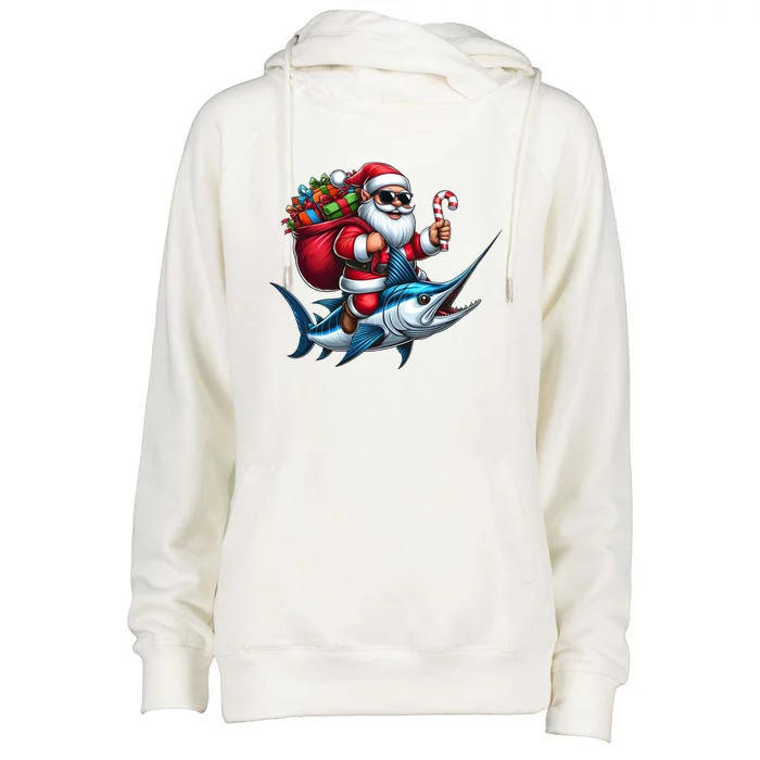 Santa Riding A Majestic Ocean Marlin Fish Christmas Funny Giflt Womens Funnel Neck Pullover Hood