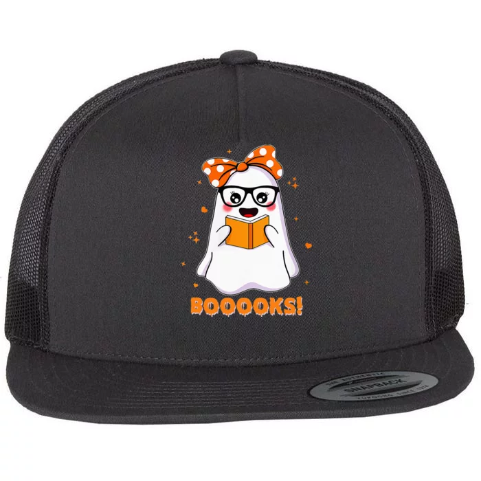 Spooky Reads Adorable Ghost in Library Halloween Flat Bill Trucker Hat