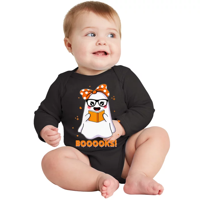 Spooky Reads Adorable Ghost in Library Halloween Baby Long Sleeve Bodysuit