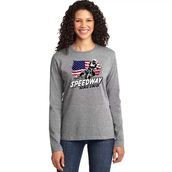 Speedway Racing American Flag Motorcycle Grand Prix Ladies Long Sleeve Shirt