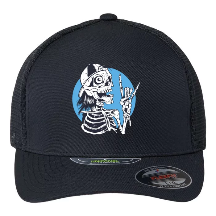 Skeleton Rock And Roll Cartoon Flexfit Unipanel Trucker Cap