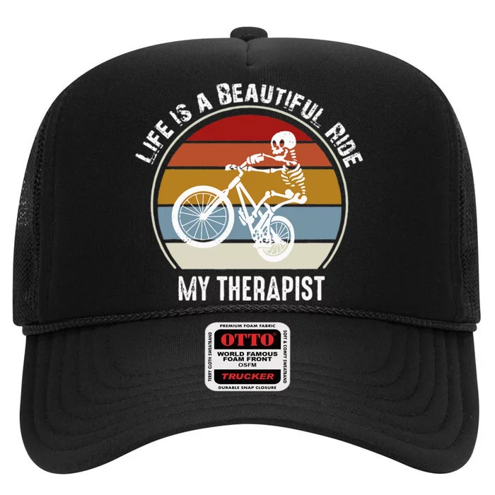 Skeleton Riding A Bicycle Life Is A Beautiful Bicycling High Crown Mesh Trucker Hat