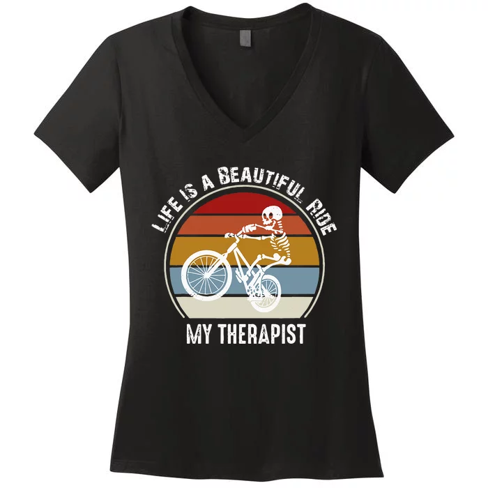 Skeleton Riding A Bicycle Life Is A Beautiful Bicycling Women's V-Neck T-Shirt