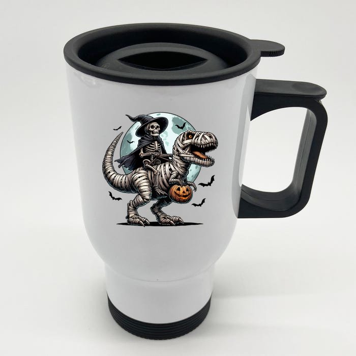 Skeleton Riding A Mummy Dinosaur Trex Front & Back Stainless Steel Travel Mug