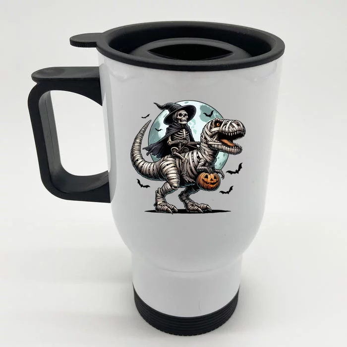 Skeleton Riding A Mummy Dinosaur Trex Front & Back Stainless Steel Travel Mug