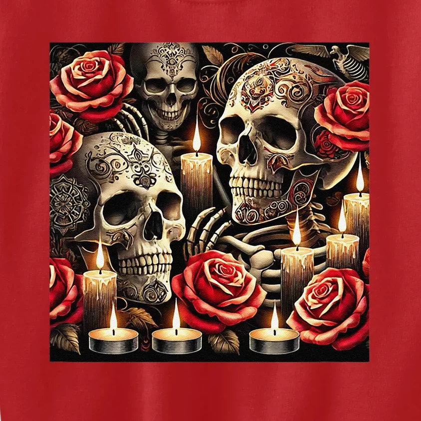 Skulls Roses And Candles Halloween Thrills Spooky Scary Kids Sweatshirt