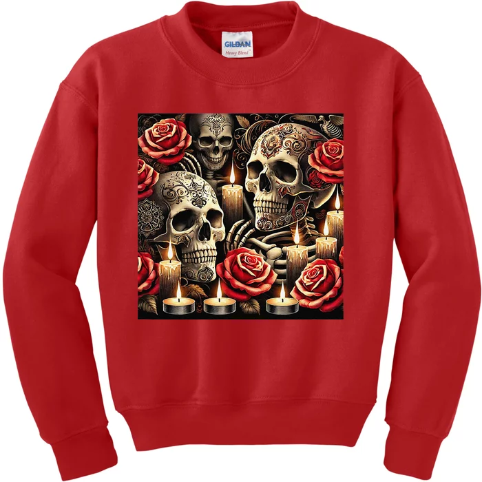 Skulls Roses And Candles Halloween Thrills Spooky Scary Kids Sweatshirt