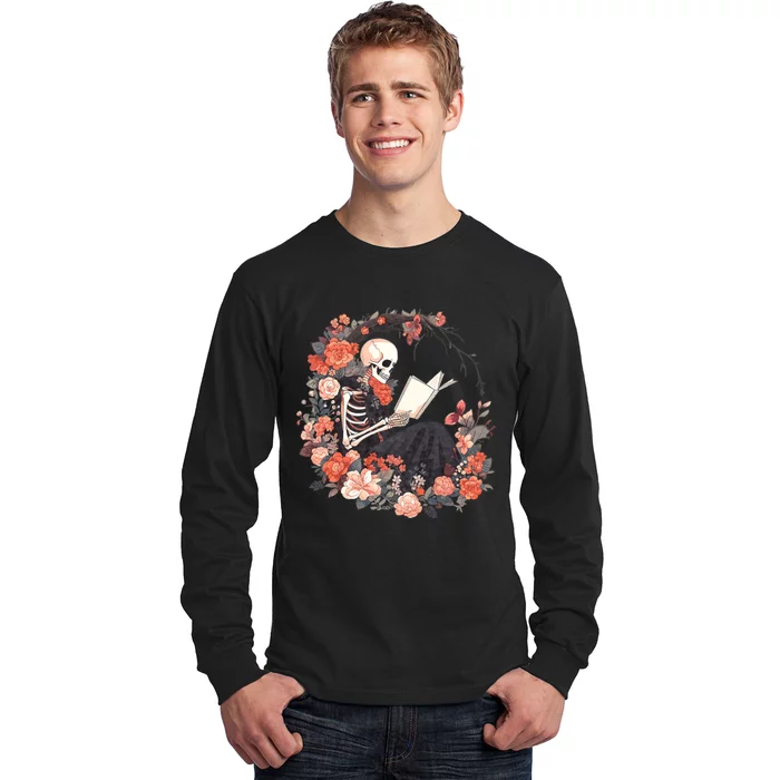 Skeleton Reading Book Lover Floral Flowers Bookish Bookworm Long Sleeve Shirt