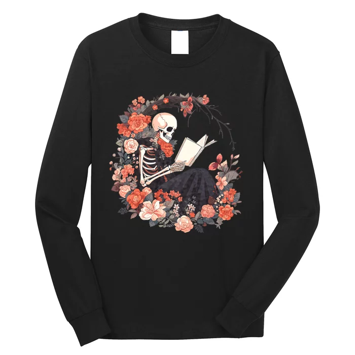 Skeleton Reading Book Lover Floral Flowers Bookish Bookworm Long Sleeve Shirt