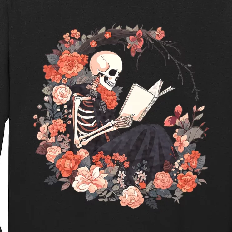 Skeleton Reading Book Lover Floral Flowers Bookish Bookworm Tall Long Sleeve T-Shirt