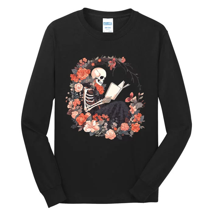 Skeleton Reading Book Lover Floral Flowers Bookish Bookworm Tall Long Sleeve T-Shirt