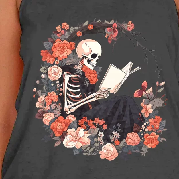 Skeleton Reading Book Lover Floral Flowers Bookish Bookworm Women's Knotted Racerback Tank