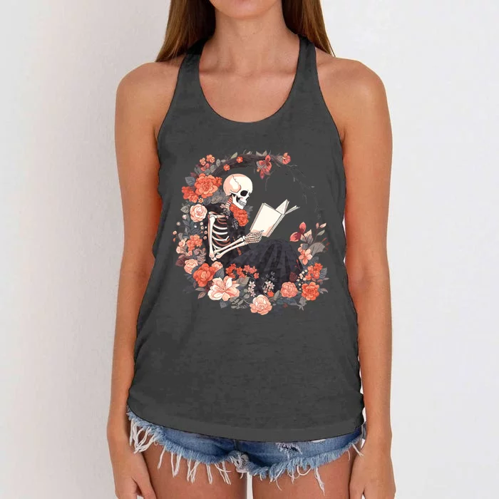 Skeleton Reading Book Lover Floral Flowers Bookish Bookworm Women's Knotted Racerback Tank