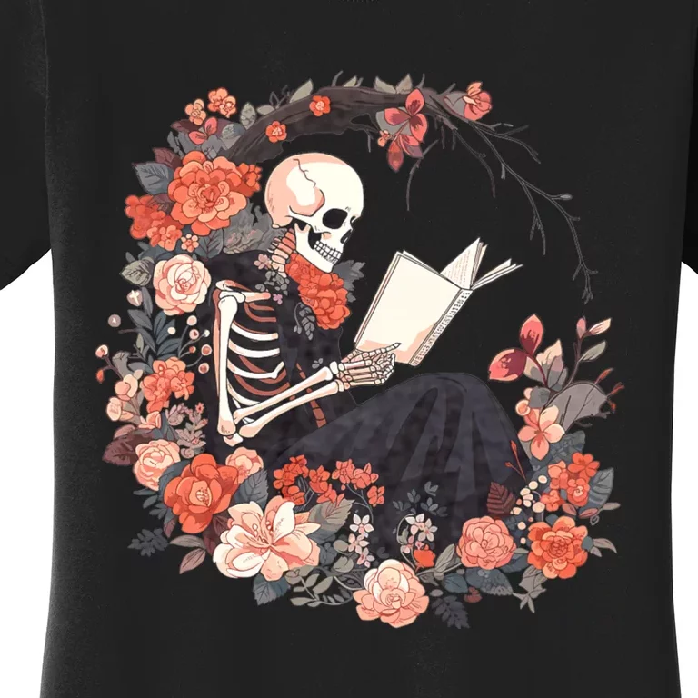 Skeleton Reading Book Lover Floral Flowers Bookish Bookworm Women's T-Shirt