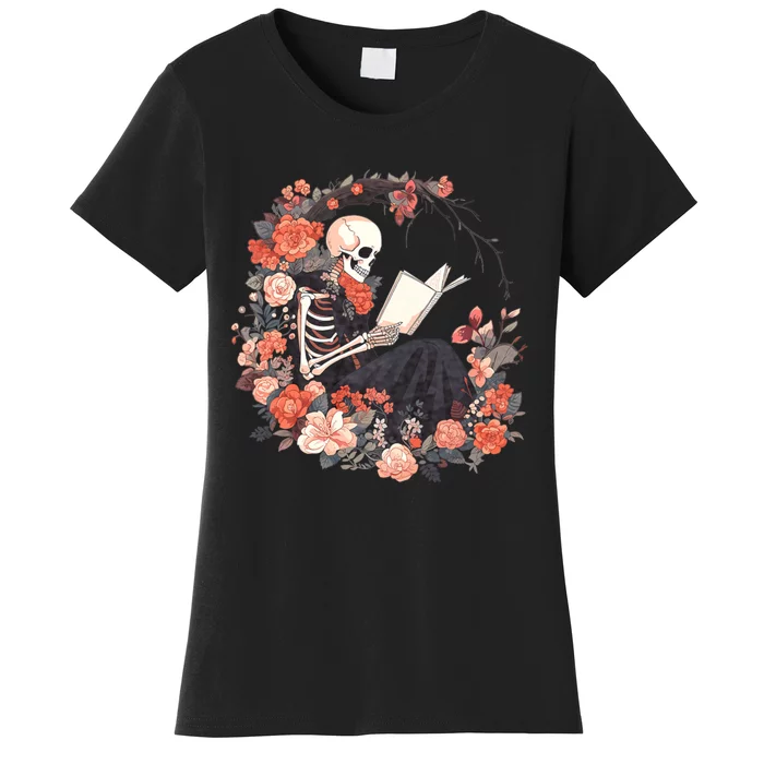 Skeleton Reading Book Lover Floral Flowers Bookish Bookworm Women's T-Shirt