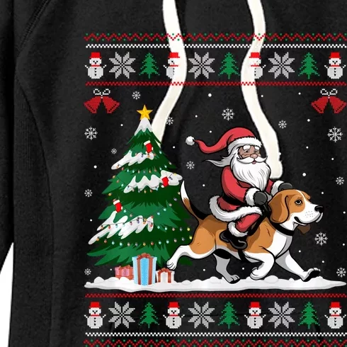 Santa Riding Beagle Dog Tree Lighting Christmas Pajama Women's Fleece Hoodie