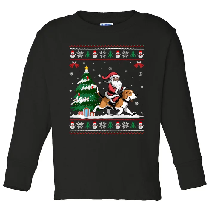 Santa Riding Beagle Dog Tree Lighting Christmas Pajama Toddler Long Sleeve Shirt