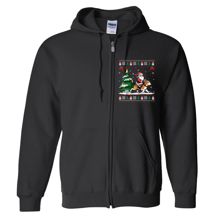 Santa Riding Beagle Dog Tree Lighting Christmas Pajama Full Zip Hoodie