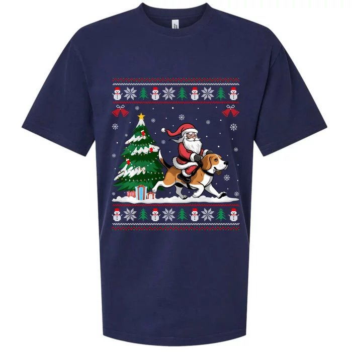 Santa Riding Beagle Dog Tree Lighting Christmas Pajama Sueded Cloud Jersey T-Shirt