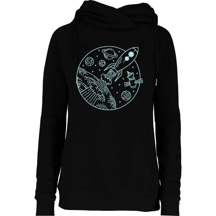 Space Rocket Blast Off! & Planets Cute Cartoon Womens Funnel Neck Pullover Hood