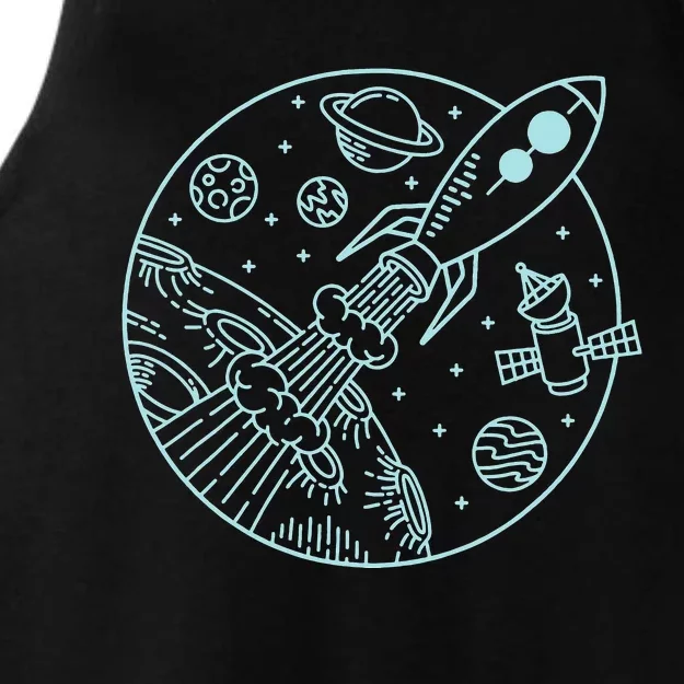 Space Rocket, Blast Off! & Planets, Cute Cartoon Style Ladies Tri-Blend Wicking Tank