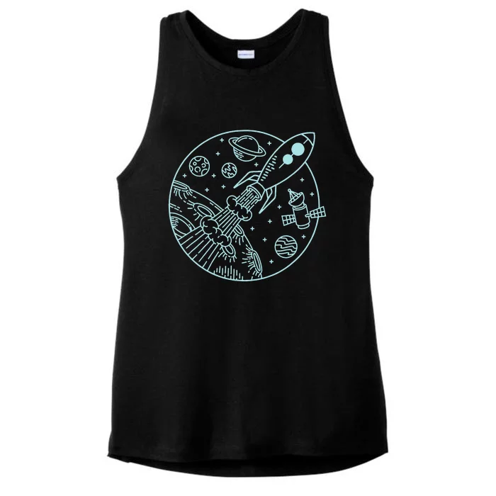 Space Rocket, Blast Off! & Planets, Cute Cartoon Style Ladies Tri-Blend Wicking Tank