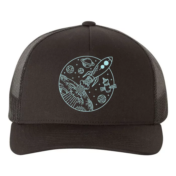 Space Rocket, Blast Off! & Planets, Cute Cartoon Style Yupoong Adult 5-Panel Trucker Hat