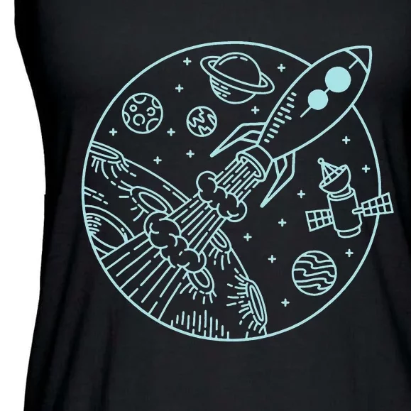 Space Rocket, Blast Off! & Planets, Cute Cartoon Style Ladies Essential Flowy Tank