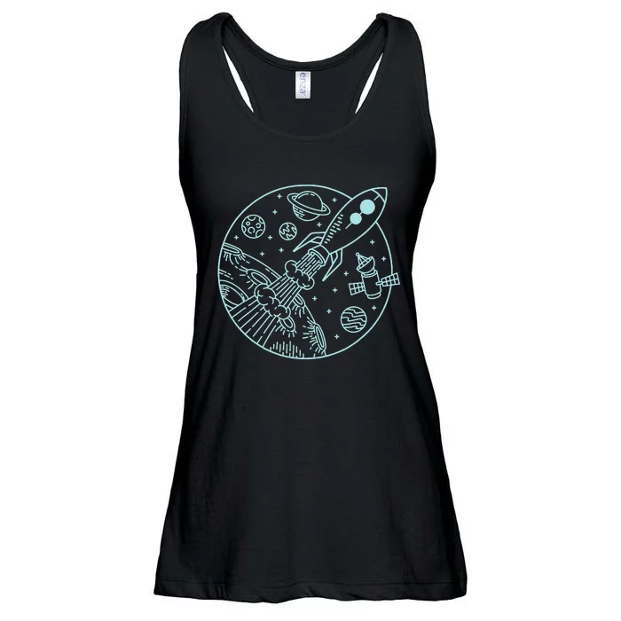 Space Rocket, Blast Off! & Planets, Cute Cartoon Style Ladies Essential Flowy Tank