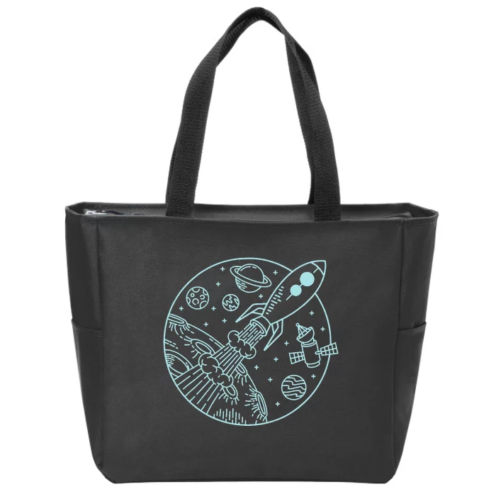 Space Rocket, Blast Off! & Planets, Cute Cartoon Style Zip Tote Bag