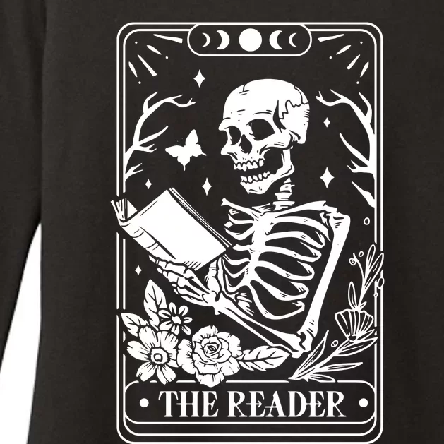 Skeleton Reading Book Lover Funny The Reader Tarot Card Womens CVC Long Sleeve Shirt