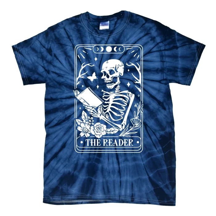 Skeleton Reading Book Lover Funny The Reader Tarot Card Tie-Dye T-Shirt