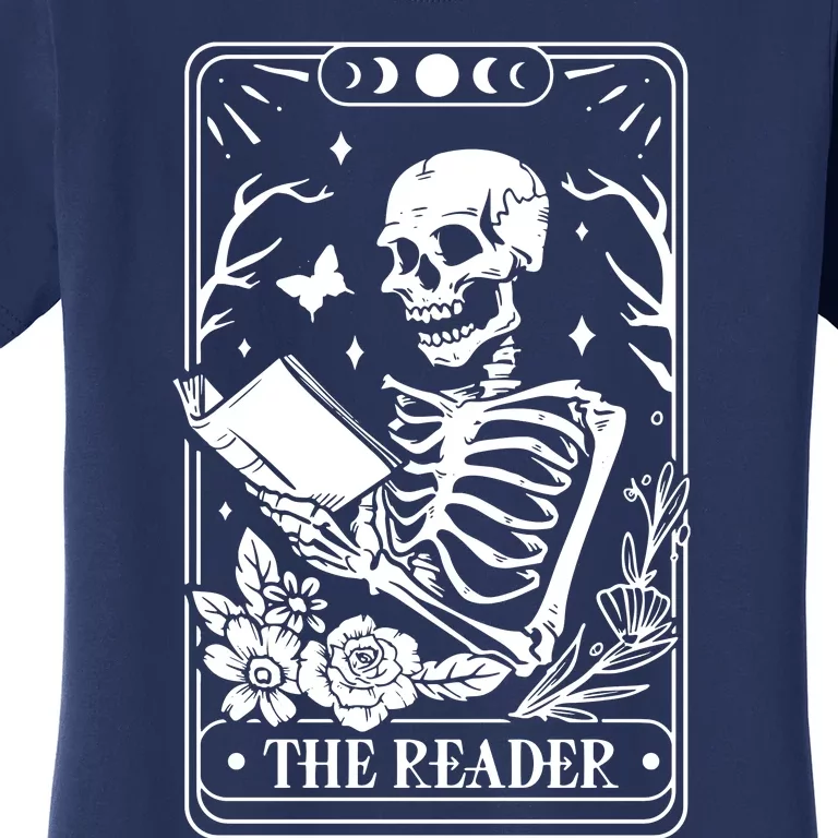 Skeleton Reading Book Lover Funny The Reader Tarot Card Women's T-Shirt