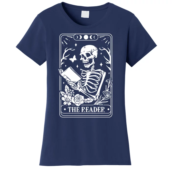 Skeleton Reading Book Lover Funny The Reader Tarot Card Women's T-Shirt