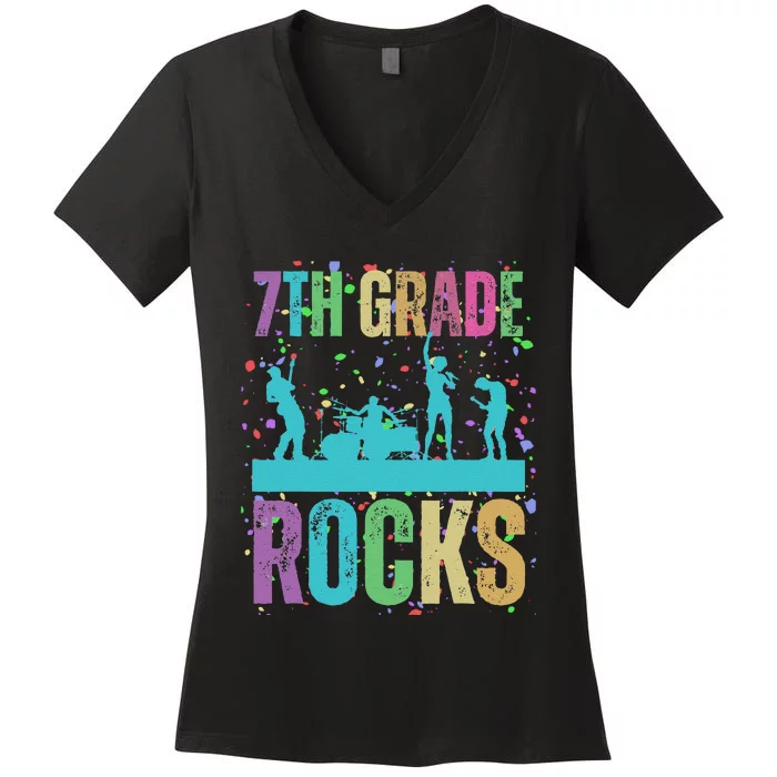 School Rocks Back To School Rockin 7th Grade Rocks Women's V-Neck T-Shirt