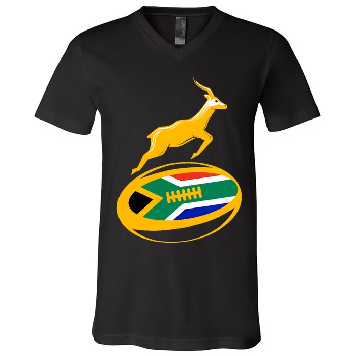 Springbok Rugby Ball & South African Flag V-Neck T-Shirt