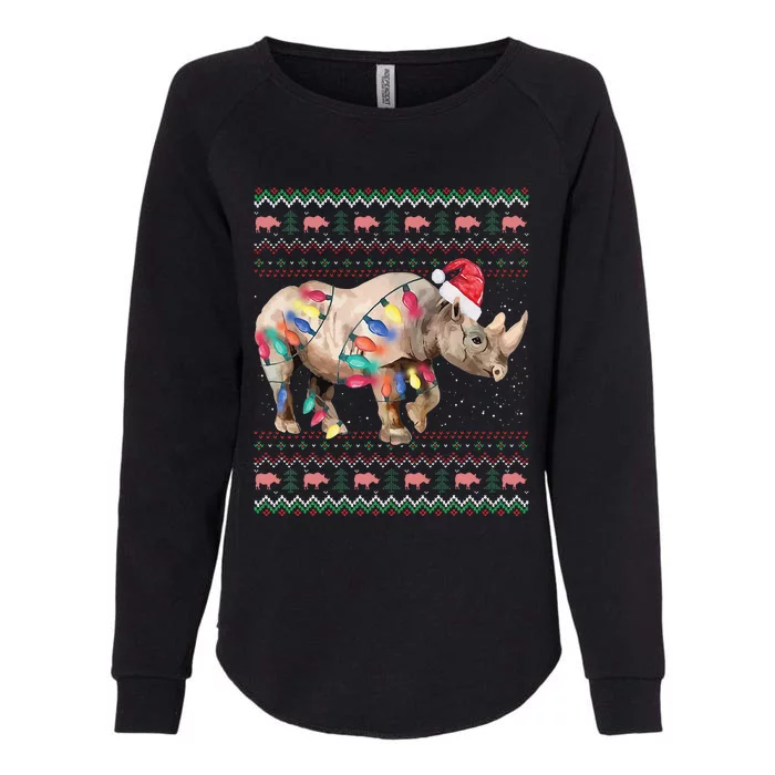 Santa Rhino Christmas Lights Ugly Sweater Racoon Lover Xmas Womens California Wash Sweatshirt